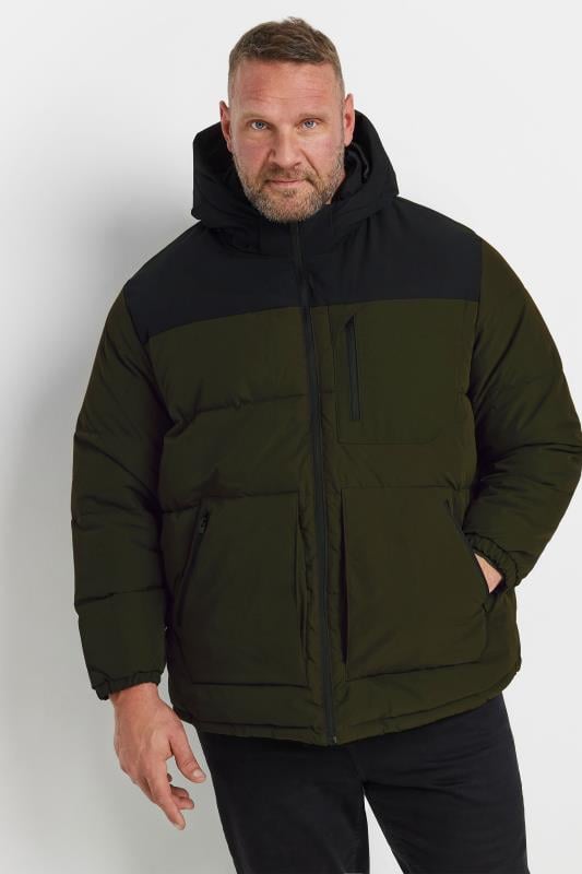 JACK & JONES Big & Tall Dark Green Hooded Colourblock Puffer Jacket | BadRhino 1