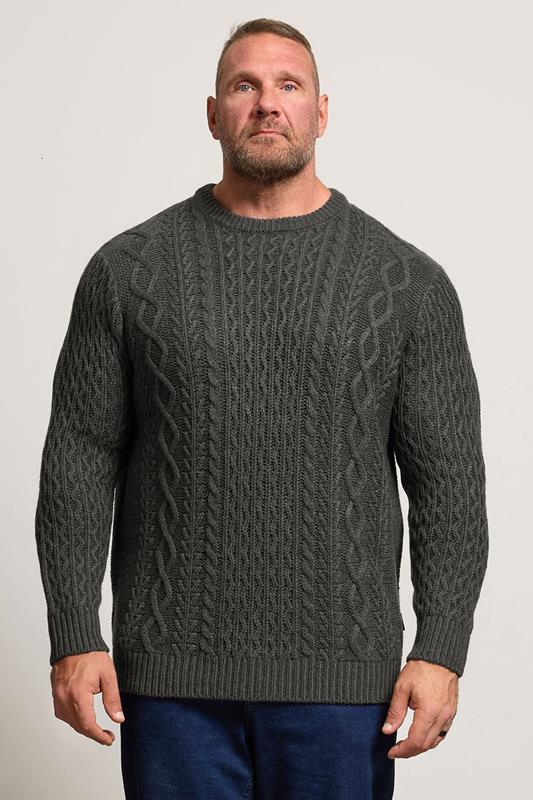 Men's  BadRhino Big & Tall Charcoal Grey Crew Neck Cable Knit Jumper
