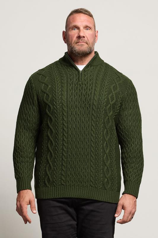Men's  BadRhino Big & Tall Dark Green Cable Knit Quarter Zip Jumper
