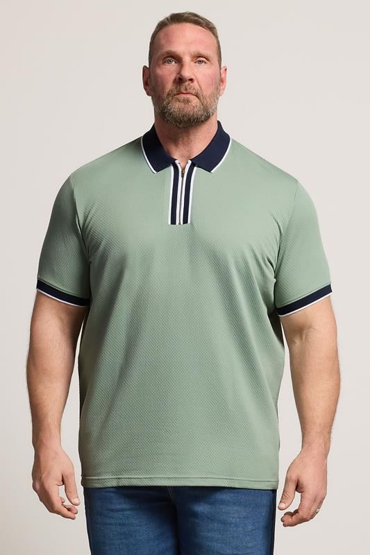  BadRhino Big & Tall Green Texture Jacquard Zip Polo Shirt