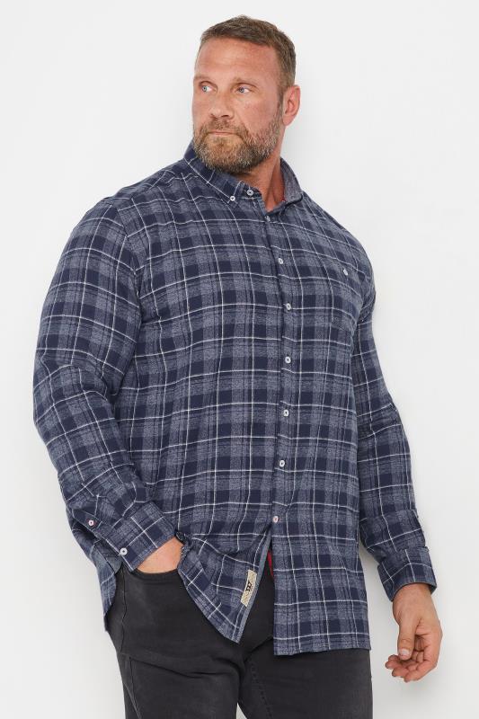 D555 Big & Tall Navy Blue Check Print Long Sleeve Shirt | BadRhino 1