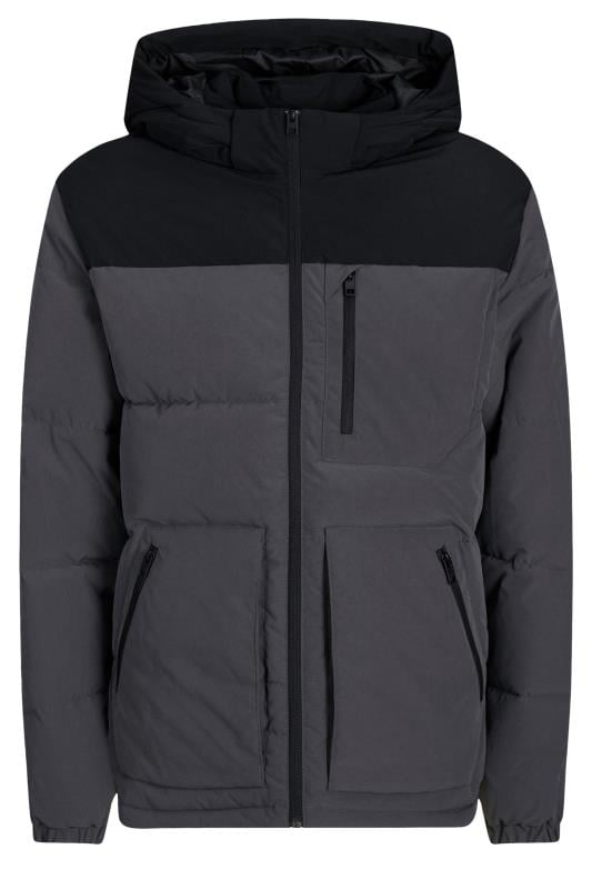 JACK & JONES Big & Tall Grey Hooded Colourblock Puffer Jacket | BadRhino 2