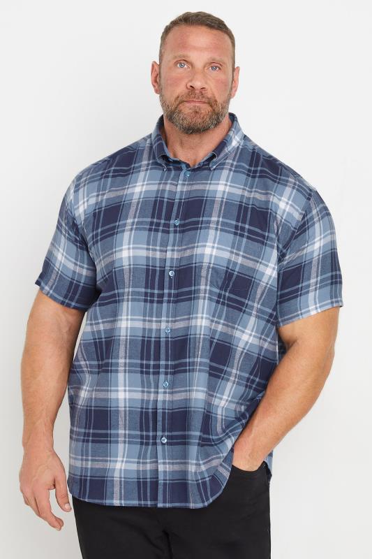 KAM Big & Tall Blue Short Sleeve Gingham Check Shirt | BadRhino 1