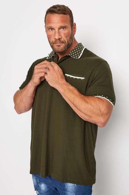 Men's  BadRhino Big & Tall Khaki Green Jacquard Collar Pocket Polo Shirt