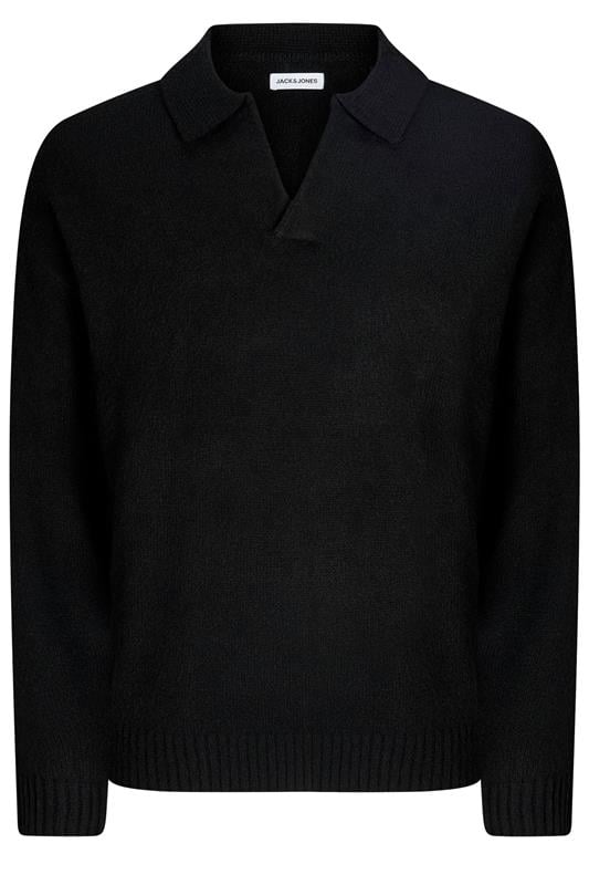 JACK & JONES Big & Tall Black Split Neck Knitted Jumper | BadRhino 1