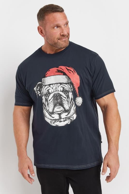 Men's  KAM Navy Bulldog Santa Graphic Print T-Shirt