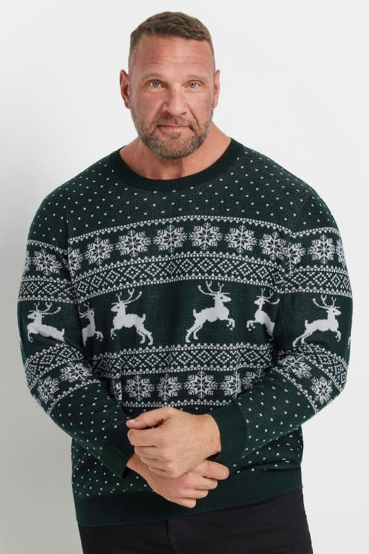 JACK & JONES Big & Tall Green Christmas Jacquard Design Jumper | BadRhino 1