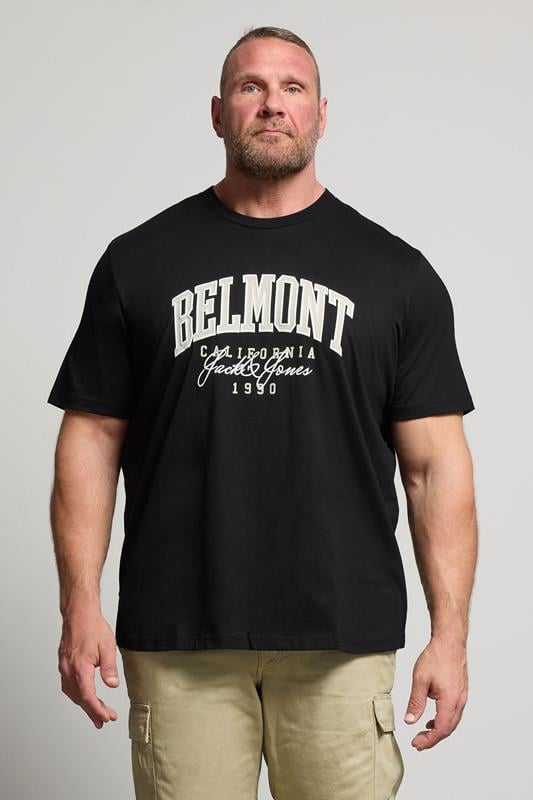 JACK & JONES Big & Tall Black 'Belmont' Slogan T-Shirt | BadRhino 1