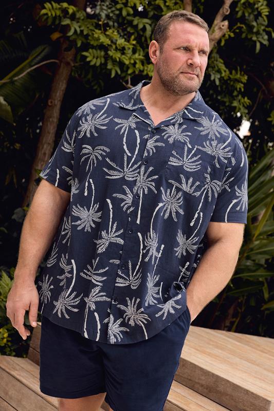 BadRhino Big & Tall Navy Blue Palm Tree Print Short Sleeve Shirt