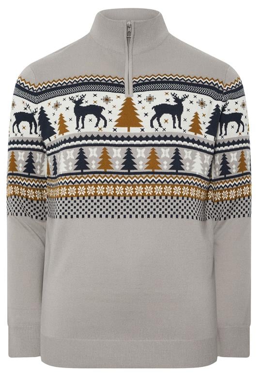 BadRhino Big & Tall Grey Fairisle Deer Quarter Zip Knitted Jumper | BadRhino 1