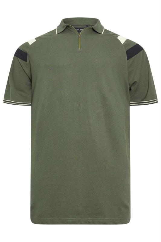 KAM Big & Tall Khaki Green Zip Neck Panel Polo Shirt 3