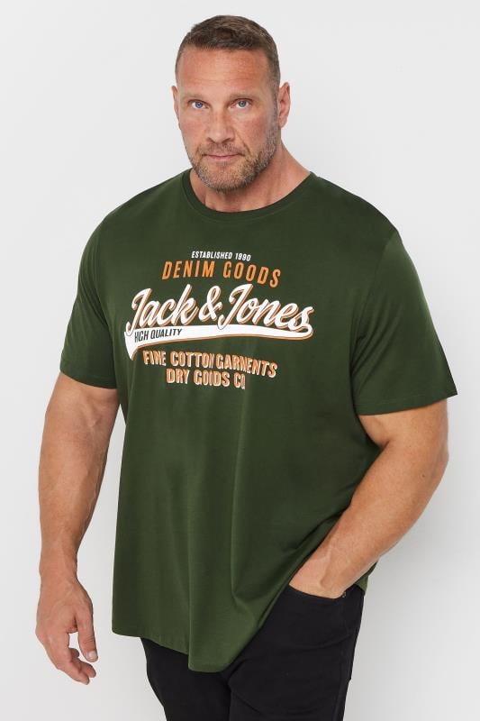 JACK & JONES Big & Tall Dark Green & Orange 'Denim Goods' Chest Logo T-Shirt | BadRhino 1