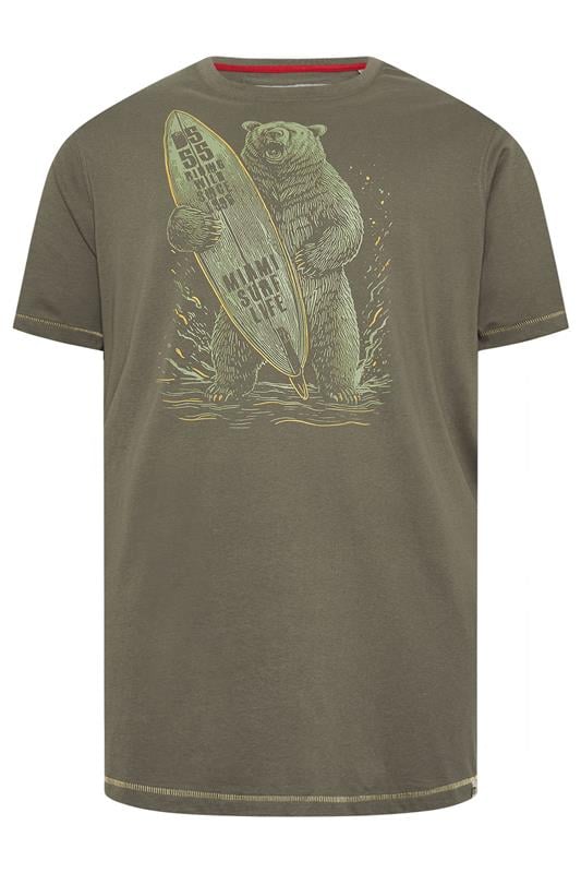 D555 Big & Tall Khaki Green Surfing Bear Print T-Shirt | BadRhino 2