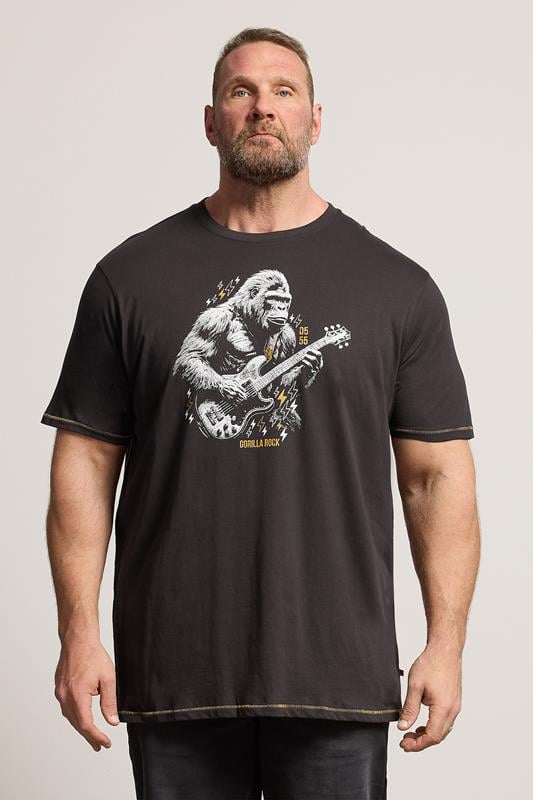  D555 Big & Tall Washed Black Gorilla Guitar Print T-Shirt