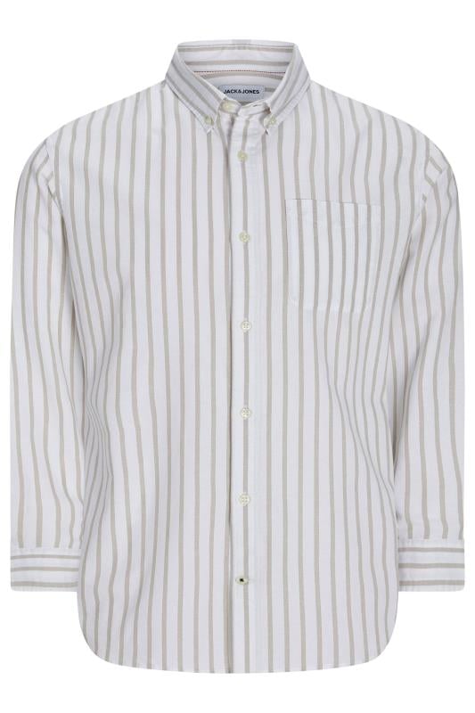 JACK & JONES Big & Tall White & Natural Brown Striped Oxford Shirt | BadRhino 1