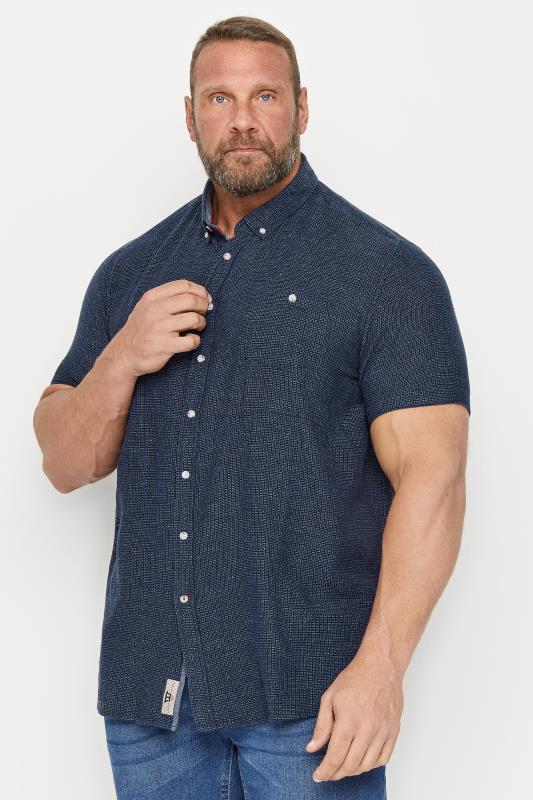 D555 Big & Tall Navy Blue Woven Square Print Linen Mix Short Sleeve Shirt | BadRhino 1