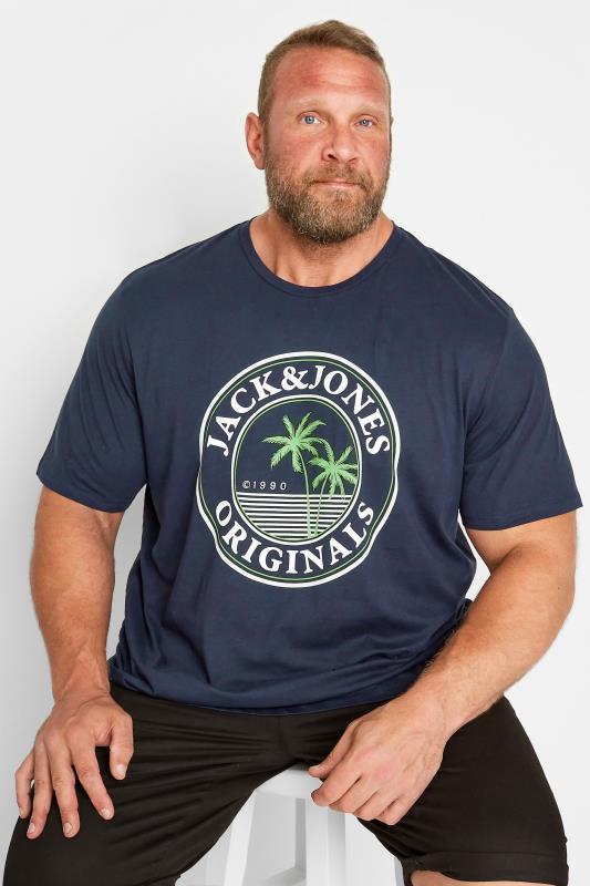 JACK & JONES Big & Tall Navy Blue Palm Tree Logo Print T-Shirt | BadRhino 1