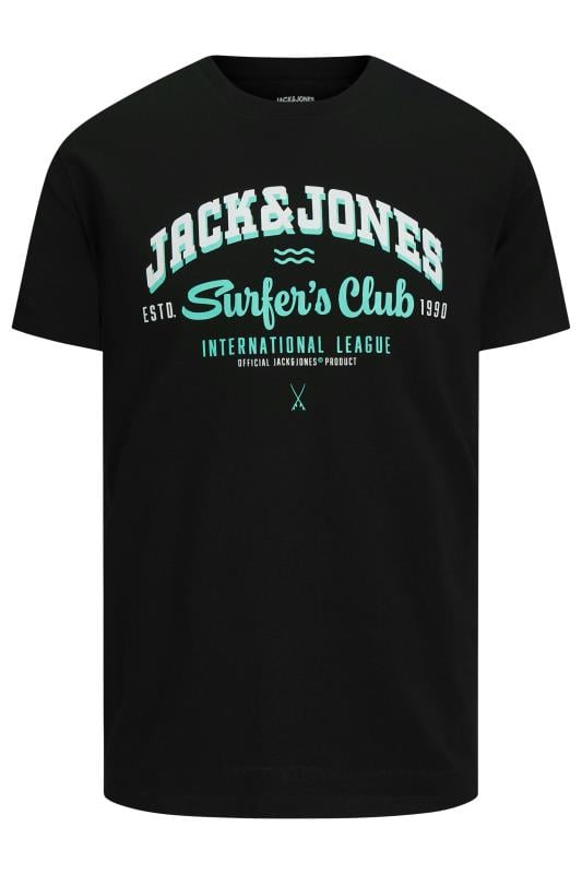 JACK & JONES Big & Tall Black 'Surfer's Club' Printed T-Shirt | BadRhino 1