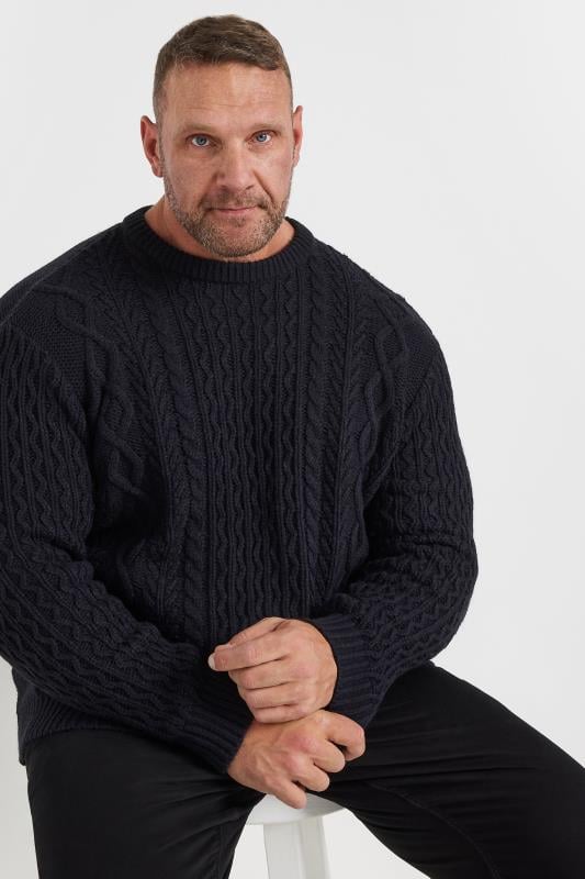 Men's  BadRhino Big & Tall Navy Cable Knit Crew Neck Jumper