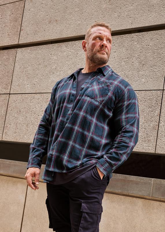 Men's  BadRhino Big & Tall Navy Blue Brushed Cotton Check Long Sleeve Shirt