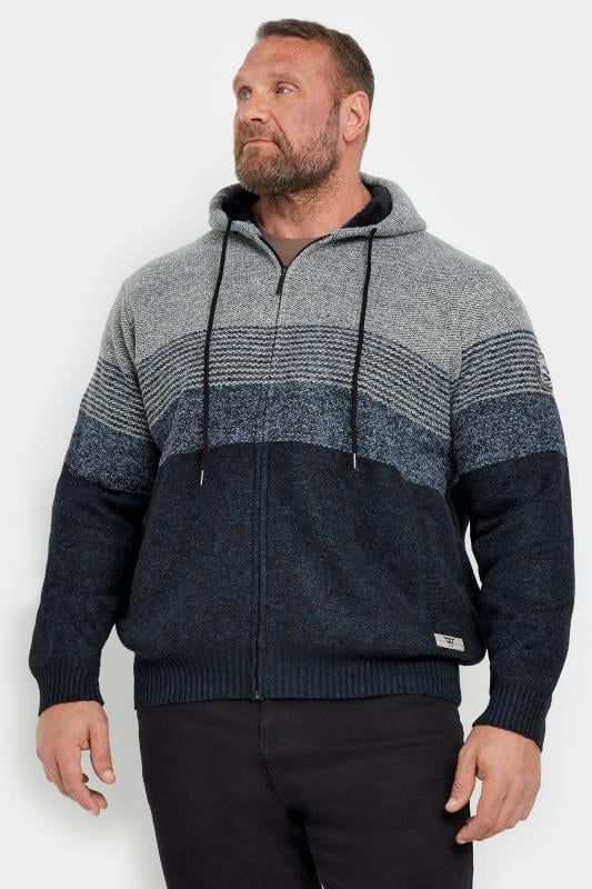 D555 Big & Tall Navy Blue Zip Through Colourblock Hoodie | BadRhino 1