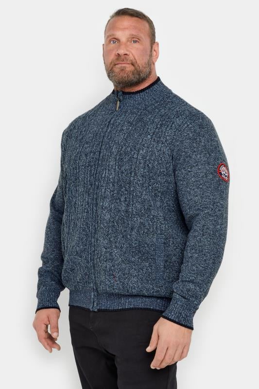 Men's  D555 Big & Tall Blue Marl Zip Through Cable Knit Jumper