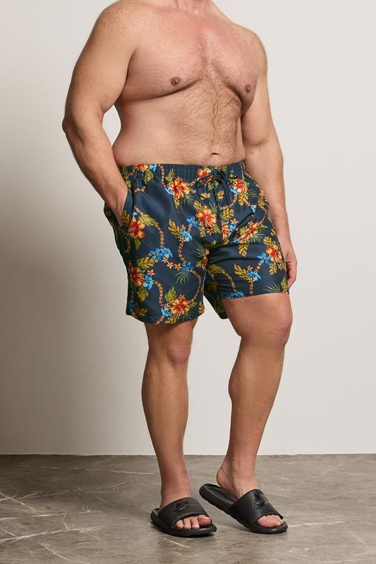  D555 Big & Tall Navy Blue Hawaiian Swim Shorts