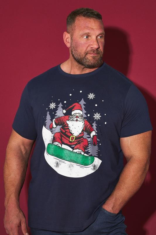 Men's  BadRhino Big & Tall Navy Blue Santa Snowboard Graphic T-Shirt