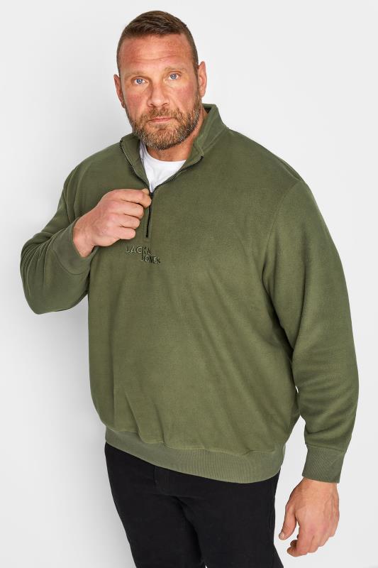 JACK & JONES Big & Tall Green Quarter Zip Fleece Sweatshirt | BadRhino 1