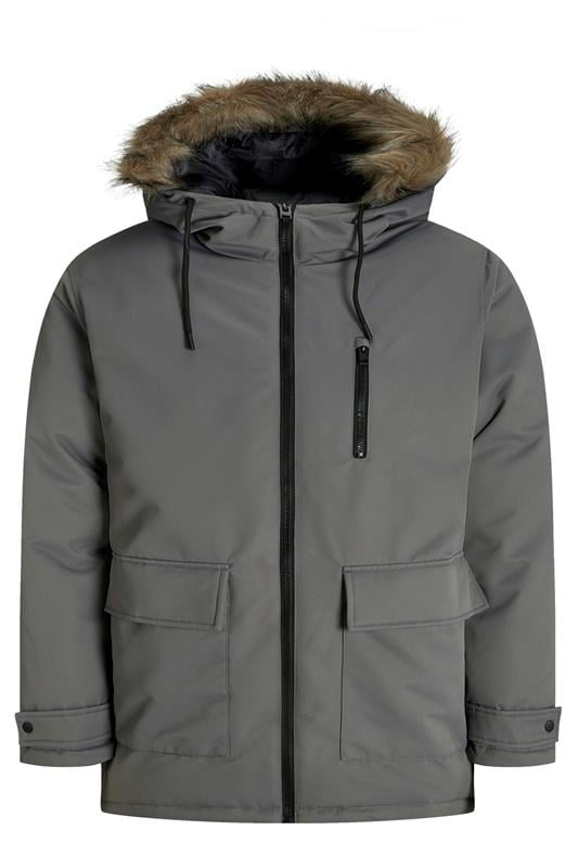 Men's  JACK & JONES Big & Tall Grey Faux Fur Detachable Hooded Parka Jacket