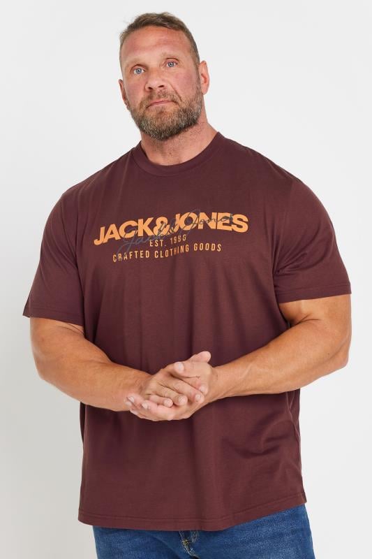 JACK & JONES Big & Tall Wine Red Brand Chest Logo Crew Neck T-Shirt | BadRhino 1