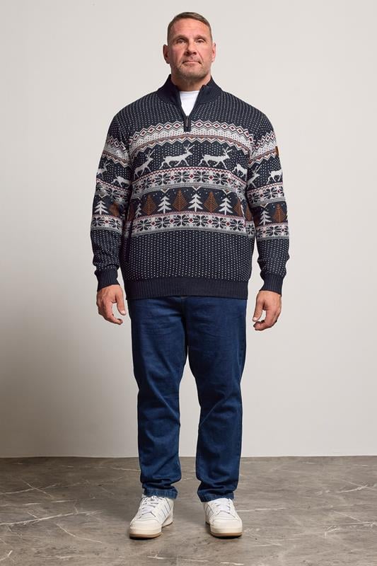 D555 Big & Tall Navy Blue Christmas Quarter Zip Jumper | BadRhino 2