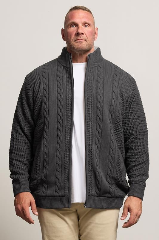 Men's  BadRhino Big & Tall Charcoal Grey Sherpa Lined Zip Through Cable Jumper