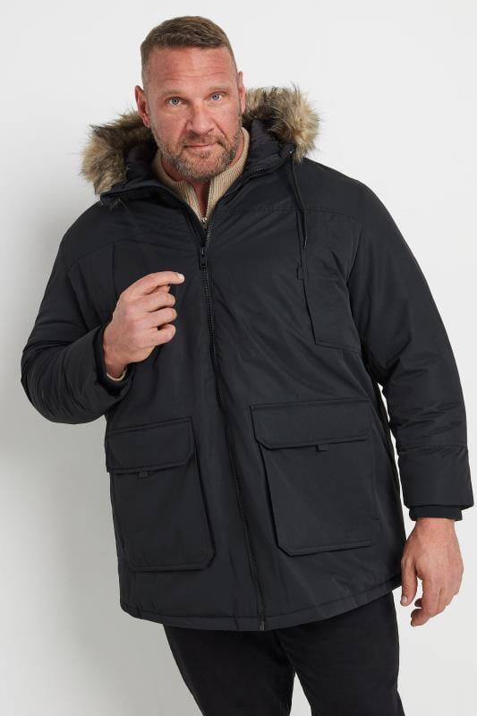 JACK & JONES Big & Tall Black Faux Fur Hooded Parka Jacket | BadRhino 1