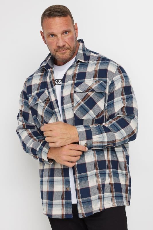 JACK & JONES Big & Tall Navy Blue Check Overshirt | BadRhino 1