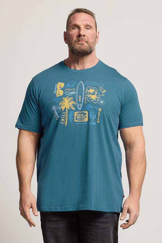  D555 Big & Tall Teal Blue Summer Beach Print T-Shirt