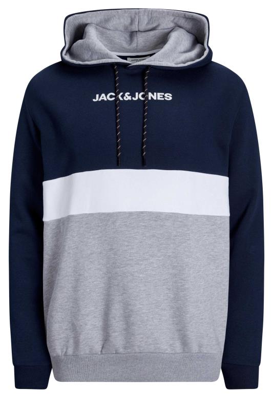 JACK & JONES Big & Tall Navy Blue Colour Block Logo Hoodie