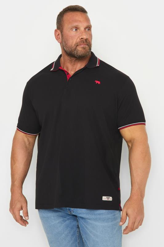 D555 Big & Tall Black Pique Jacquard Collar Tipped Polo Shirt | BadRhino 1
