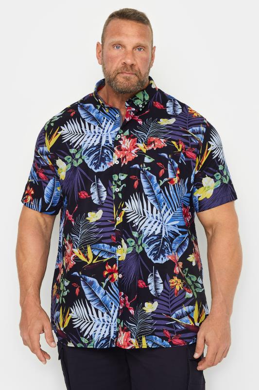 D555 Big & Tall Black & Blue Hawaiian Print Short Sleeve Shirt | BadRhino 1