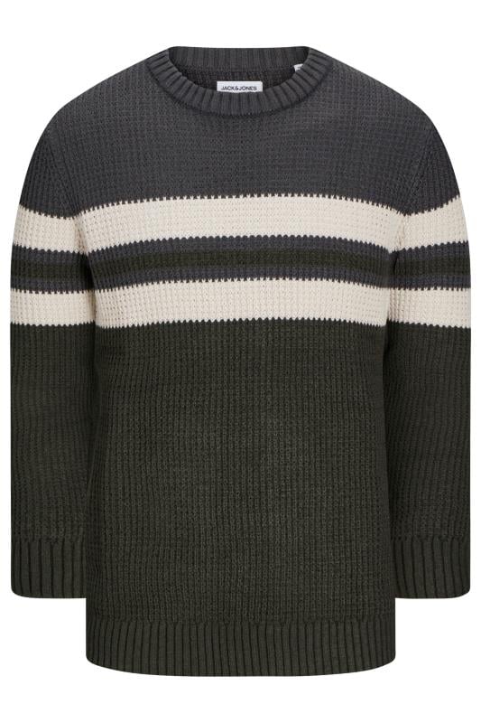 JACK & JONES Big & Tall Dark Green & White Stripe Jumper | BadRhino 1