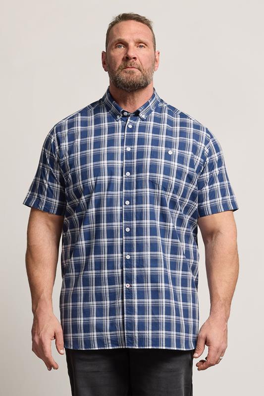  D555 Big & Tall Navy Blue Check Pocket Short Sleeve Shirt
