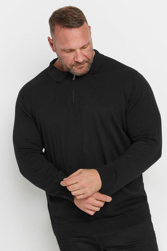 BadRhino Big & Tall Black Knitted Long Sleeve Zip Polo Shirt | BadRhino 1