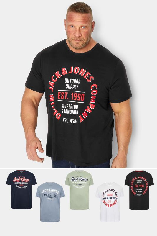 Men's  JACK & JONES Big & Tall 5 PACK Black & Blue Logo Printed T-Shirts