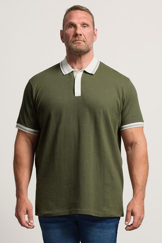  BadRhino Big & Tall Khaki Green Mini Check Polo Shirt