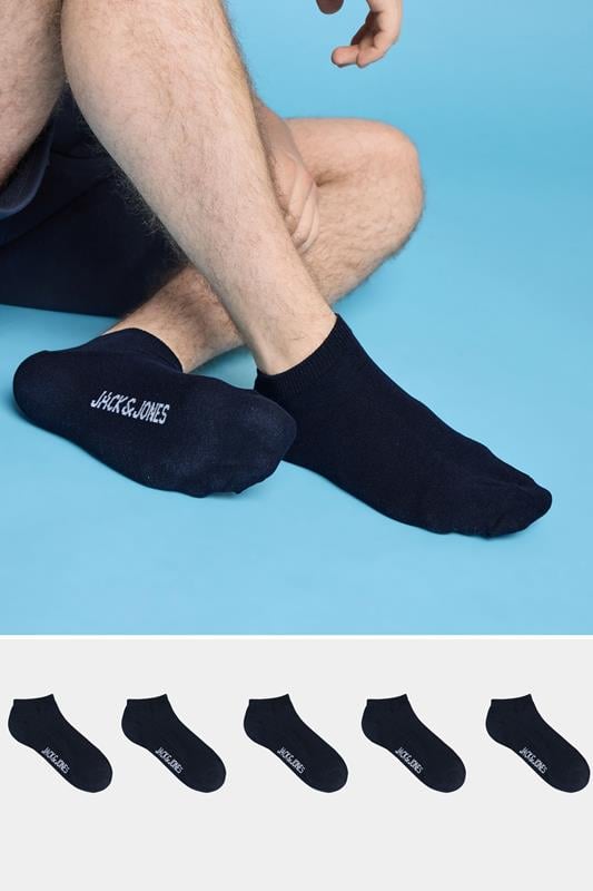 JACK & JONES 5 PACK Navy Blue Trainer Socks | BadRhino 1