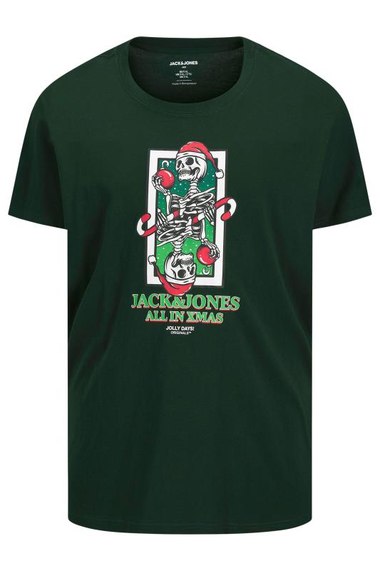 JACK & JONES Big & Tall Green Christmas Skull Printed T-Shirt | BadRhino 2