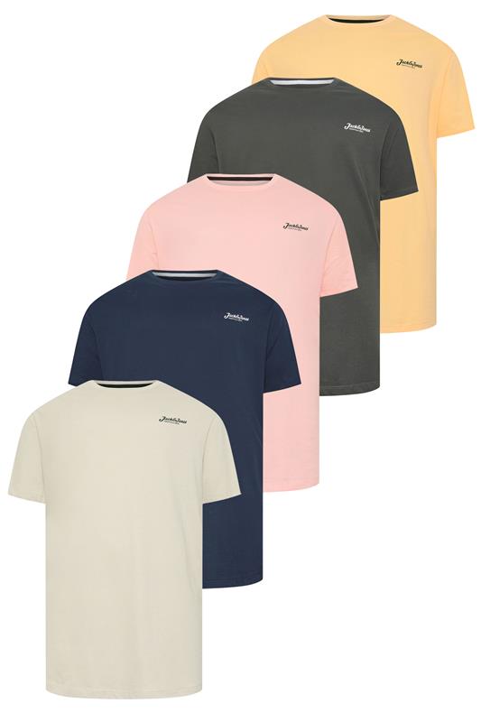  JACK & JONES Big & Tall 5 Pack Blue/Off-White/Yellow/Green/Pink Core T-Shirts