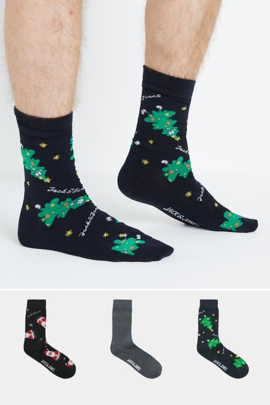 JACK & JONES 3 PACK Black & Grey Holly Jolly Socks | BadRhino 1