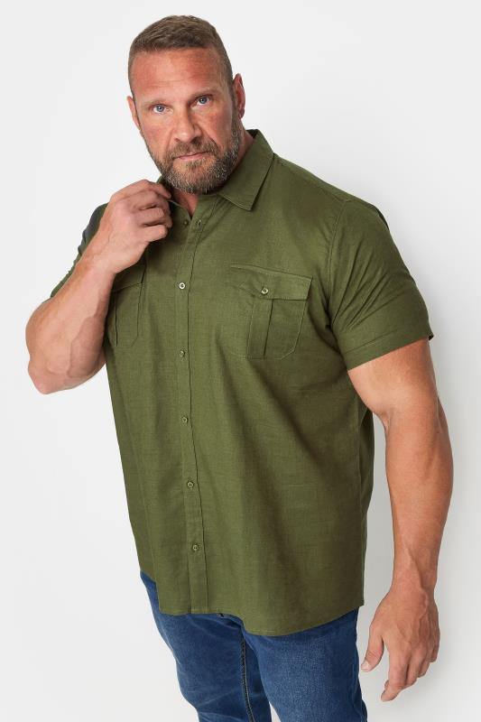 Men's  BadRhino Big & Tall Khaki Green Linen Short Sleeve Military Shirt