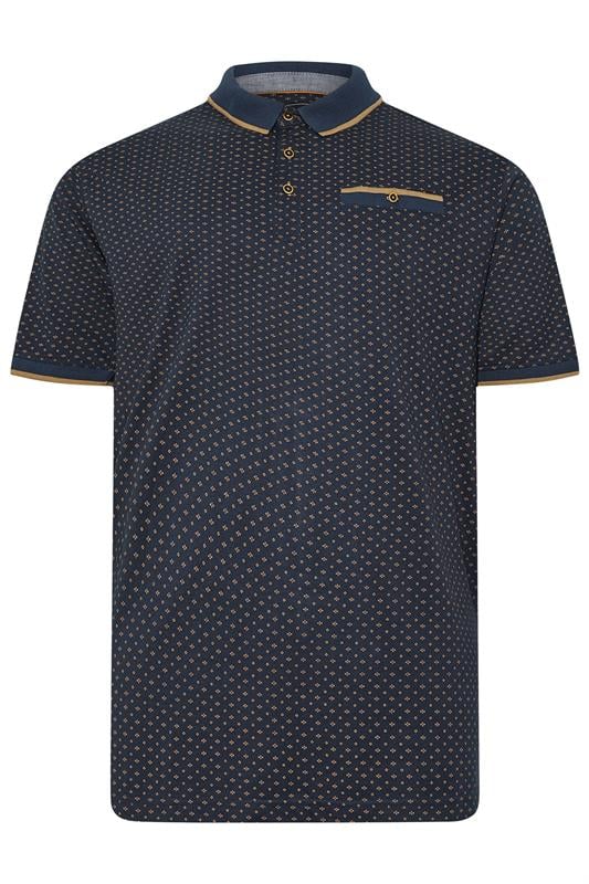 KAM Indigo Blue Geometric Print Short Sleeve Polo Shirt | BadRhino 1